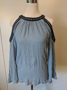 Mine Medium M Boho Open Sleeve Light Blue Top Cold Shoulder - Picture 1 of 4