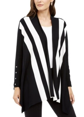 Полосатый пончо-кардиган ALFANI PS SP маленький б/у в отличном состоянии $70 черный цвет слоновой кости - Изображение 1 из 4