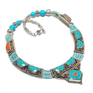 Natural Tibetan Turquoise, Coral Gemstone Handmade Jewelry Necklace 18" Gift o47 - Picture 1 of 6