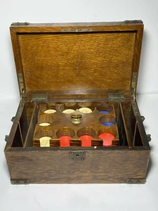 Antique Oak Caddy Poker Chip Set - Picture 1 of 10