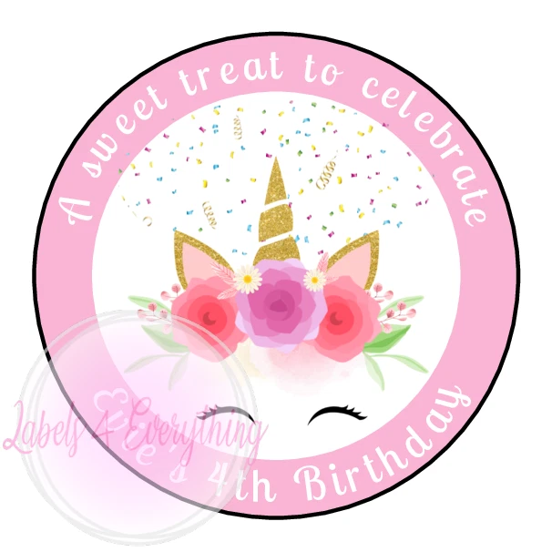 Pegatina Unicornio Personalizada Oro Rosa Fiesta de Gracias Dulce Trato Cono Cumpleaños Foto 1 de 1