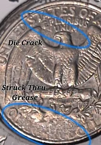 1996 P Washington Quarter 25c w/ Die Crack & Struck Thru Grease /2 Mint Errors! - Picture 1 of 15