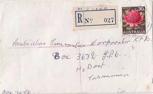 Postmark LIENA Tasmania on plain cover 30c flower stamp provisional registration - Picture 1 of 2