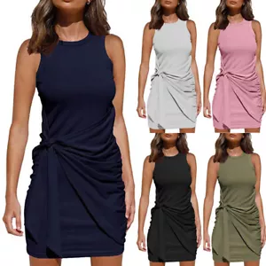 Damen-Sommerkleid Lässig Ärmellos Tankkleid V-Ausschnitt Geraffte Taille < - Bild 1 von 21
