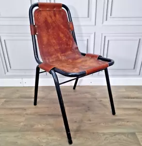 Vintage Metal Leather Les Arcs Saddle Industrial Chair - Charlotte Perriand - Picture 1 of 24