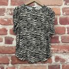 Ann Taylor Loft Top Womens XS Cream Black Zebra Abstract Ruched Sleeve Blouse