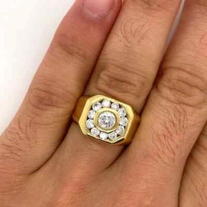1.50CT Round Cut Lab Grown Bezel Set Diamond Men's Cluster Ring 14k Yellow Gold - Picture 1 of 15