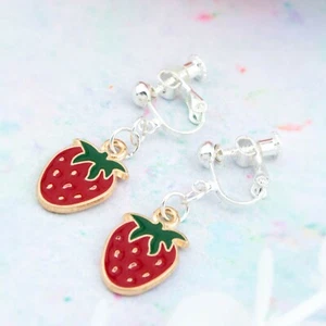 Strawberry Clip On Earrings, Also Available For Pierced Ears, Girls Jewellery - Picture 1 of 7