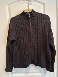 LL Bean Zip Up Cable Knit Cardigan Sweater Black 100% Cotton Women’s Large - Picture 1 of 3