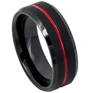 Tungsten Ring Unisex Brush Black IP Plated Ring with Red IP Plated Groove Center - Picture 1 of 2