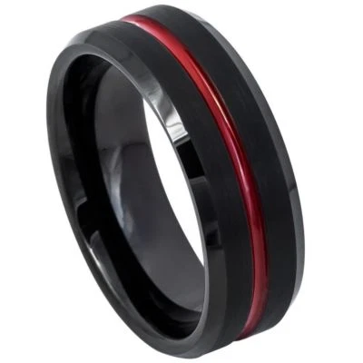 Anillo de tungsteno unisex cepillo negro anillo enchapado en IP con centro de ranura enchapado en IP rojo Foto 1 de 2