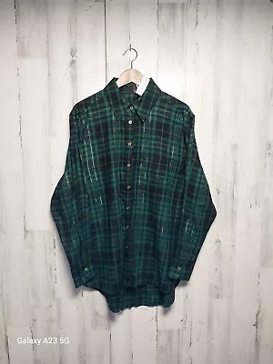 Lane Bryant Green No-Peek Button-Front Gold Metallic Plaid Boyfriend Shirt 14/16 - Image 1 of 4