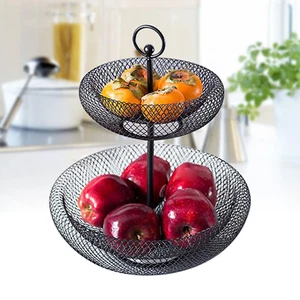 Soporte para canasta de frutas de 2 niveles soporte de almacenamiento de tazón de verduras arte de hierro negro NUEVO - Imagen 1 de 13