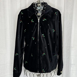 Quaker Factory Jacket Women S Black Velvet Mistletoe Rhinestone Embroidered HSN - Picture 1 of 11