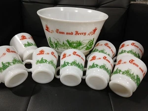 Vintage Christmas Milk Glass Egg Nog Punch Bowl Set with 9 Mugs Tom Jerry USA - Picture 1 of 24