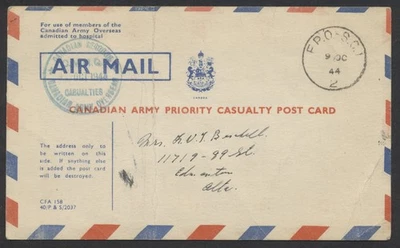 1944 Canadian Army Priority Casualty PC Canadian Records + FPO-SC1 CDS 9 OC - Image 1 of 2
