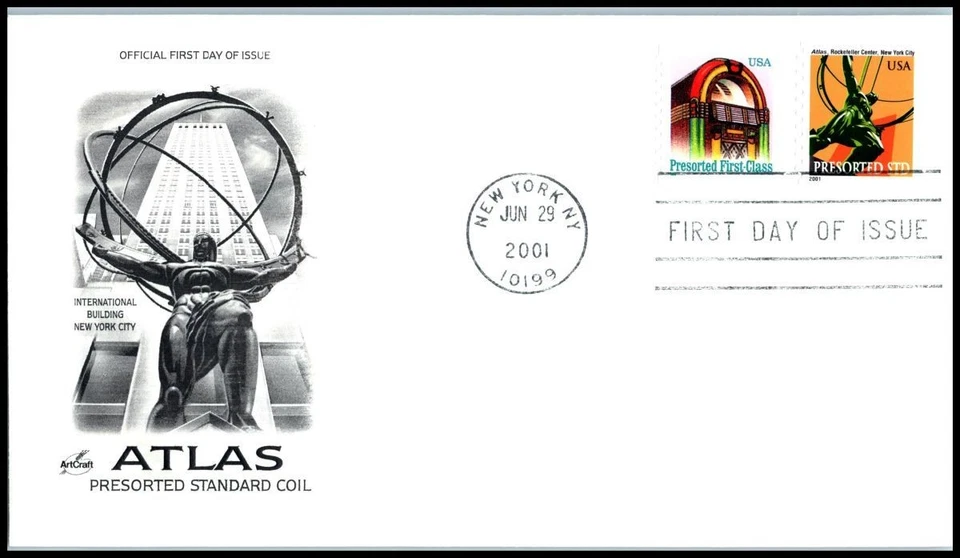 Estatua Atlas Sc 3520 2001 tasa de presort FDC ArtCraft Rockefeller Center Nueva York Foto 1 de 1