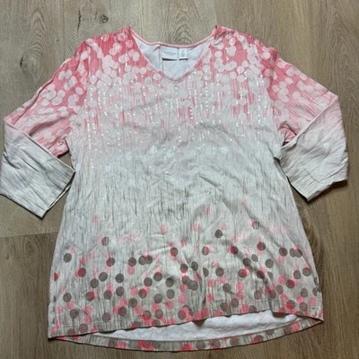 Vintage Weekend by Chicos L Pink White Sequins polka dot 3/4 sleeve shirt - Image 1 of 4