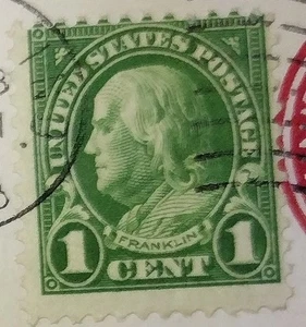 US Postage Stamp 1 Cent Benjamin Franklin Green used on envelope 1938 U measure - Picture 1 of 7