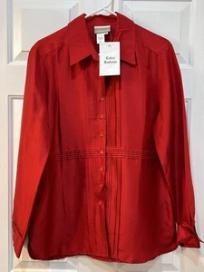NWT Coldwater Creek 100% Silk Red Pleated Blouse Size 14 Button Front Luxury - Picture 1 of 10