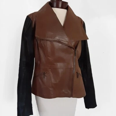 Novo com etiquetas G.I.L.I. Jaqueta de couro Got It Love It tamanho S marrom preta forrada com zíper completo - Imagem 1 de 4