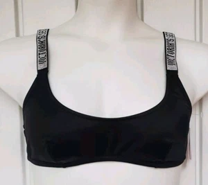 Victoria's Secret Swim Rhinestone Logo Strap Scoop Bikini Top Black Large NEW - Picture 1 of 6