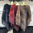 Real Fur Poncho Women Natural Fur Knitted Cape Striped Overcoat Tassel Luxury