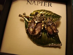 Napier silver tone enamel pin with leaves and beetle bugs w/Gift Box NEW - Picture 1 of 2