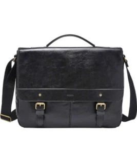 Fossil Miles Black Leather Messenger Organizer Briefcase Crossbody Tech Bag $395 - Picture 1 of 23