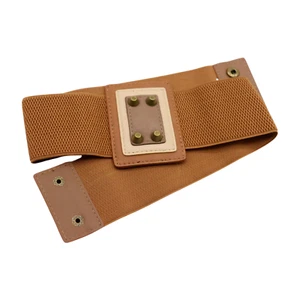 Women Brown Wide Elastic Hip Waist Belt Geometric Square Antique Gold Studs S M - Picture 1 of 24