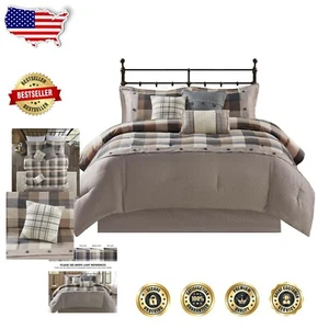 Queen Herringbone Comforter Set with Decorative Pillows & Bedskirt - Cabin Style - Picture 1 of 16