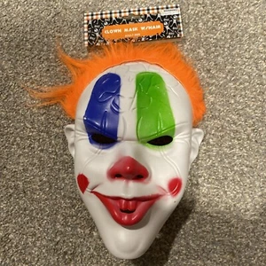 Scary Clown Mask White Plastic with Red Nose and Orange Hair - Picture 1 of 5
