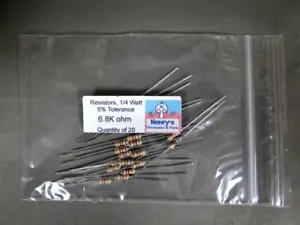 Resistors, carbon film, 1/4 watt, 5%, axial leaded, 6800 Ohm - 6.8 K - QTY of 20 - Picture 1 of 1