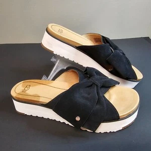 NWOT UGG Joanie Suede Leather Slip-on Sandals Black Bow Platform Treadlite 8.5 - Picture 1 of 9