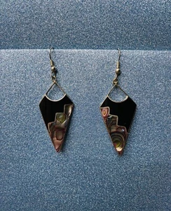 VINTAGE Earrings Art Deco 2 1/2” Black Triangle Fish Scale Pattern - Picture 1 of 8