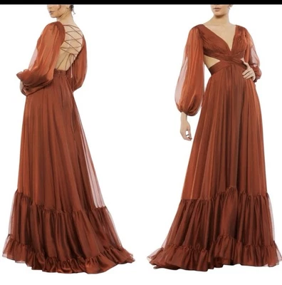 Vestido Mac Duggal Talla 4 Naranja 67948 Plisado Corte Con Cordones Etéreo Baile de graduación Foto 1 de 4