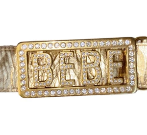Vintage BEBE Gold Metallic Leather Belt with Rhinestone Logo Buckle Retro Y2K - Picture 1 of 13