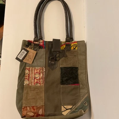 Vintage Addiction Tote Bag Recycled Tent Embroidered Textiles Distressed Boho - Image 1 of 4