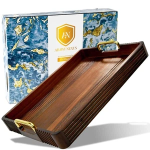 17x12 inch Acacia Wood Serving Tray with Metal Handle Rustic Decorative Ottoman - Picture 1 of 8