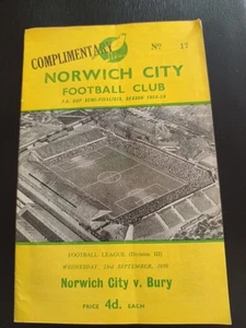 Norwich City V Bury Programme Div 3 Wednesday 23rd September 1959 Complimentary - Picture 1 of 8