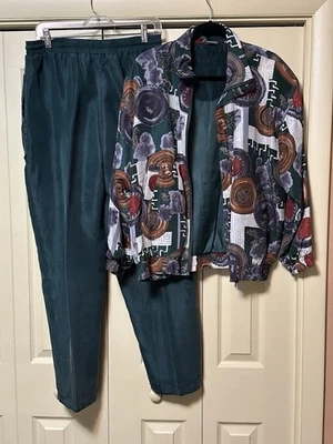 DE COLECCIÓN FUDA INTERNATIONAL Estampado Artístico Seda Traje Chaqueta Pantalones Talla M RETRO Foto 1 de 4