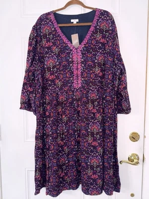 J Jill NWT 3X Lined 3/4 Sleeve Shirt Embroidered Purple Dress 149.00 - Image 1 of 4
