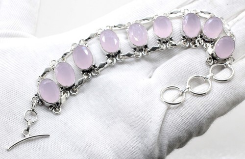 VALENTINO 925 Sterling Silver Pink Rose Quartz Gemstone Handmade Jewelry Bracelet Size 7 8