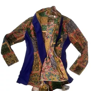Cardigan Soft Surroundings taglia Large Izmir topper oro blu stampa mista Boho - Foto 1 di 8