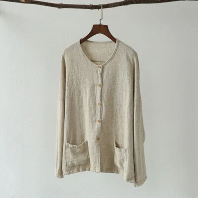 Women Linen Cotton Button Blouse Shirt Coat Top Plain Kungfu Taichi Retro Casual - Image 1 of 4