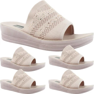 NEW LADIES LOW WEDGE HEEL COMFORT SOFT FLEXIBLE SOLE OPEN TOE MULES SANDALS SIZE - Picture 1 of 6