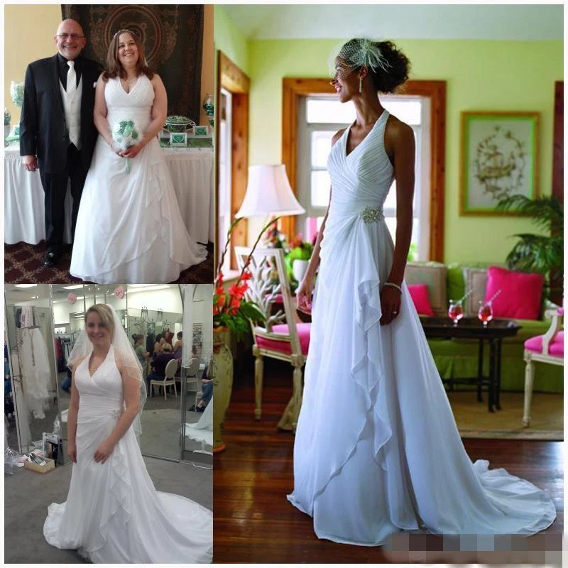Blanco Marfil Halter Plisados Chifón Playa Vestidos de Novia Talla Grande Vestidos de Novia Foto 1 de 4
