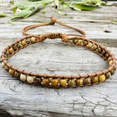 Handmade 6MM natural stone bead cowhide rope braided bracelet Pendants Wedding - Image 1 of 4