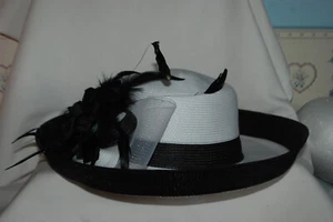 White Kentucky Derby Hat, wide brim white hat, Black Rose, Feathers - Picture 1 of 9