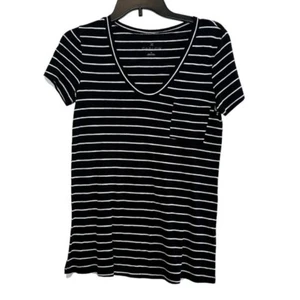 NEW CASLON Julia Knit T-shirt XS Black White Stripe Rounded V-Neck Short Sleeve - Picture 1 of 4